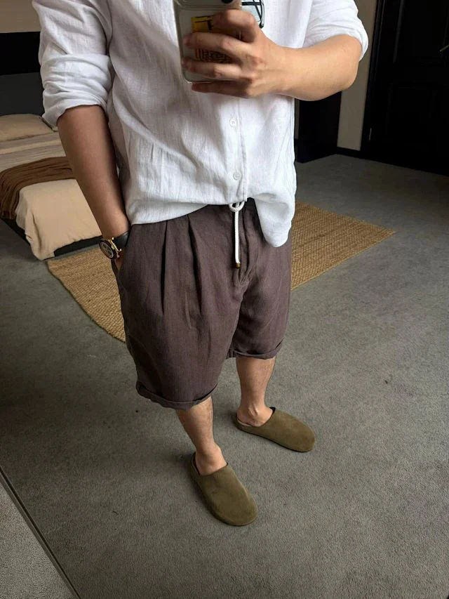 Item ID 9079 BC natural linen rolled edge shorts with double pleat design, drawstring, elastic waistband, and pleated casual shorts