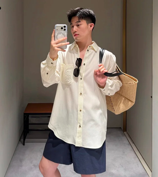 Item ID 9104 LOE SS26 80_Lysell + 20_Polyester Unique wood pulp fiber texture, lapel, button chest pocket, logo embroidery, long-sleeved shirt, loose version, men's style