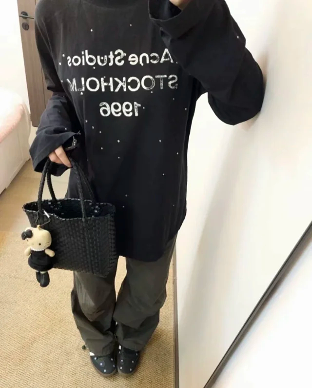 Item ID 9094 Acne FW25 Imported Mirror Patch 1996 Series Classic Starry Sky, Distressed Vintage Casual Long-sleeved T-shirt