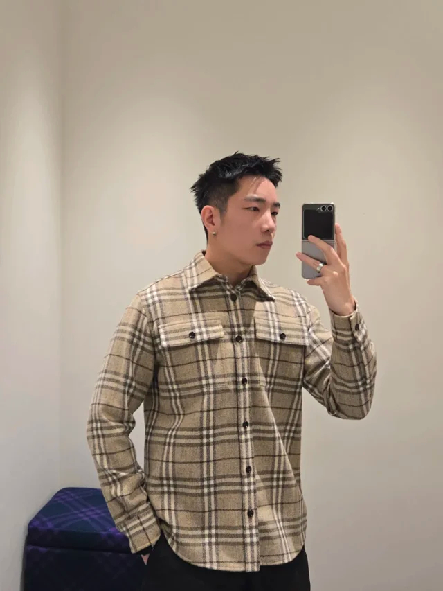 Item ID 9099 BBR Burberry checkered shirt, natural black ox horn, made of sheep wool, loose-fitting pointed-collar long-sleeved shirt jacket