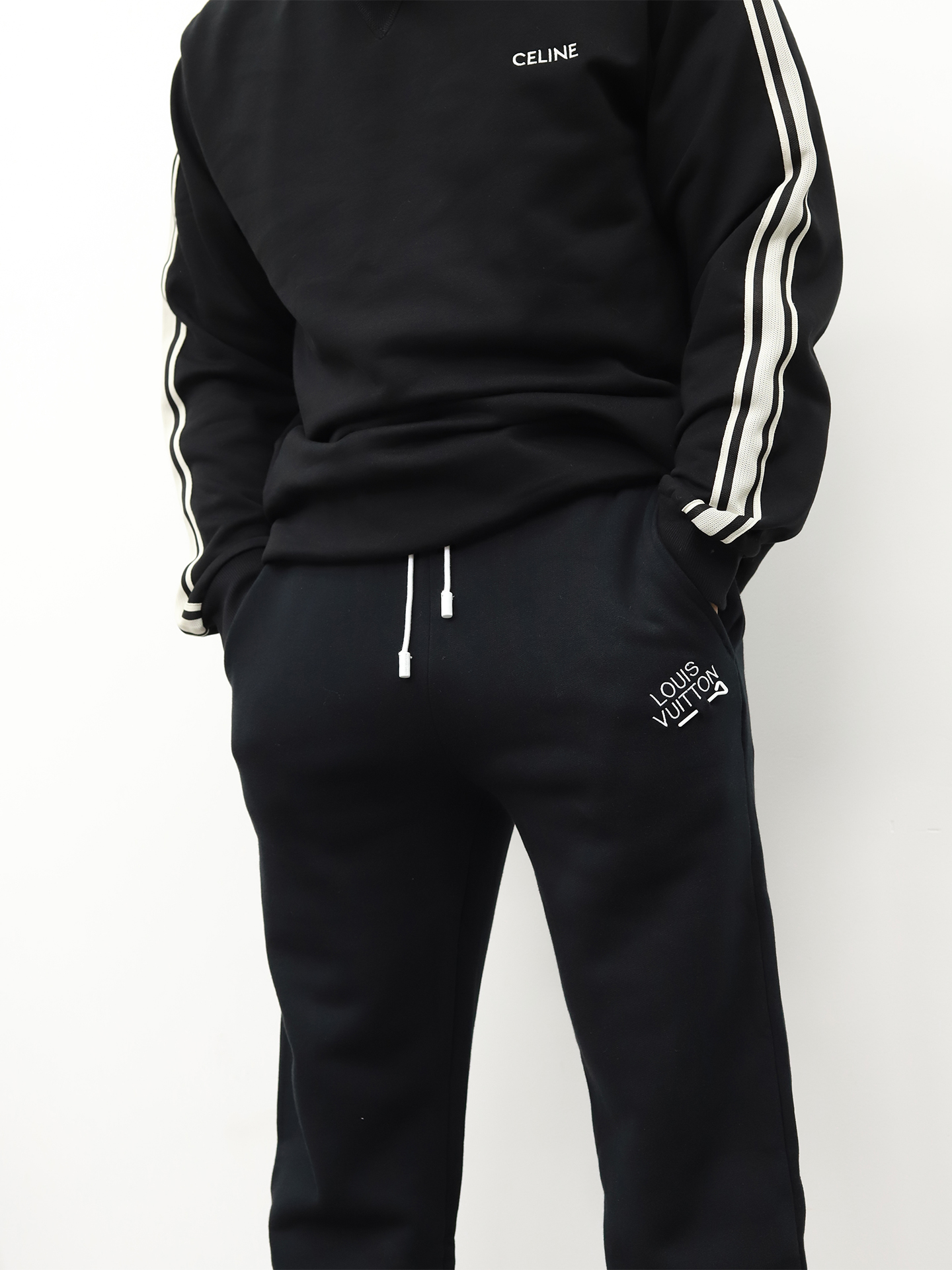 LV pin and velvet sweatpants