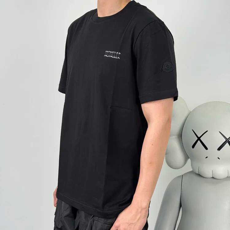 Item ID 9048 Mon Customized Logo Imported Hot Stamping Material Cotton Jensen Logo Knitted Round Neck Short Sleeve