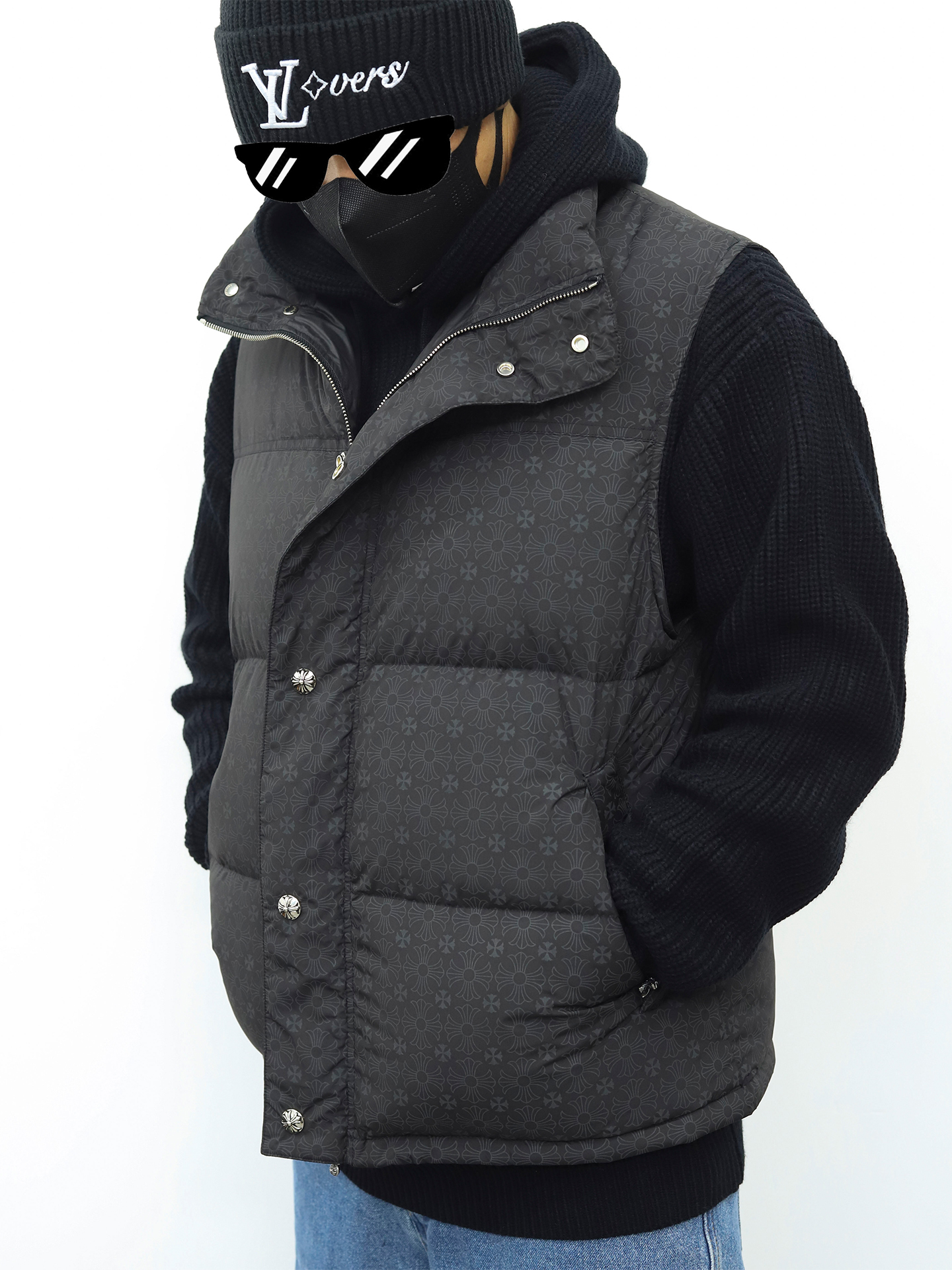 克罗心羽绒马甲 暗纹黑