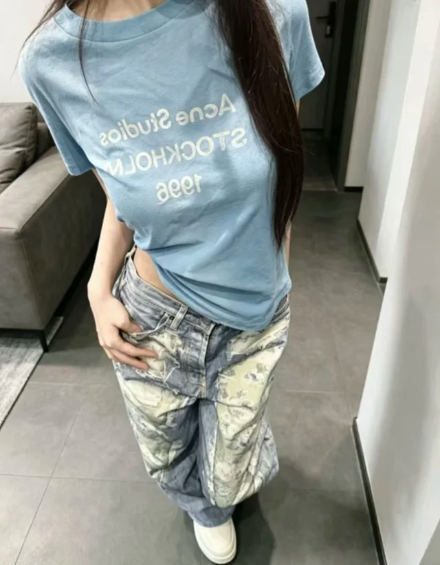 Item ID 9075 Acne Lazy Style 1996 Series Classic Logo Printed Short Slimming T-shirt Unisex