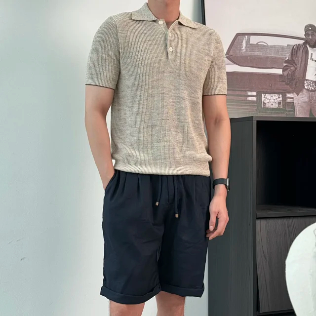 Item ID 9076 BC Natural Beimu Button Ribbed Knitted Collar Cotton Top Polo Shirt