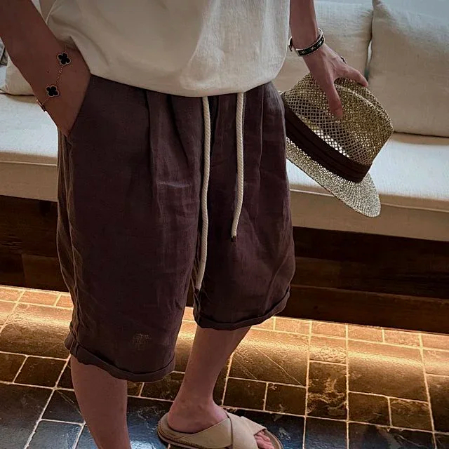 Item ID 9079 BC natural linen rolled edge shorts with double pleat design, drawstring, elastic waistband, and pleated casual shorts