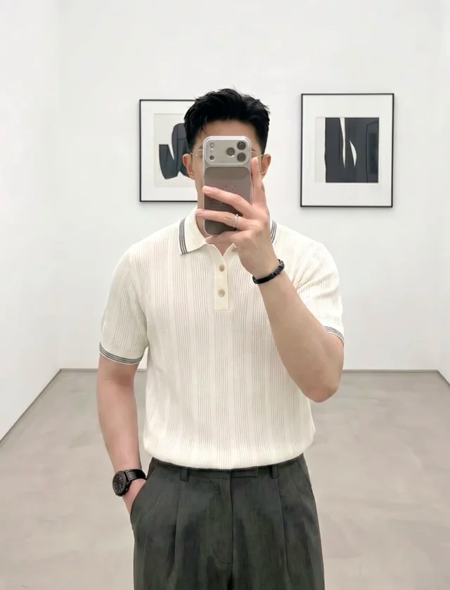 Item ID 9083 BC 32 Double Strand Yarn Solid Color Cotton Texture Ribbed Knitted Short Sleeve Polo Shirt