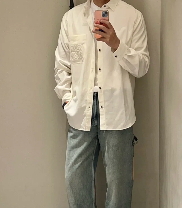 Item ID 9104 LOE SS26 80_Lysell + 20_Polyester Unique wood pulp fiber texture, lapel, button chest pocket, logo embroidery, long-sleeved shirt, loose version, men's style