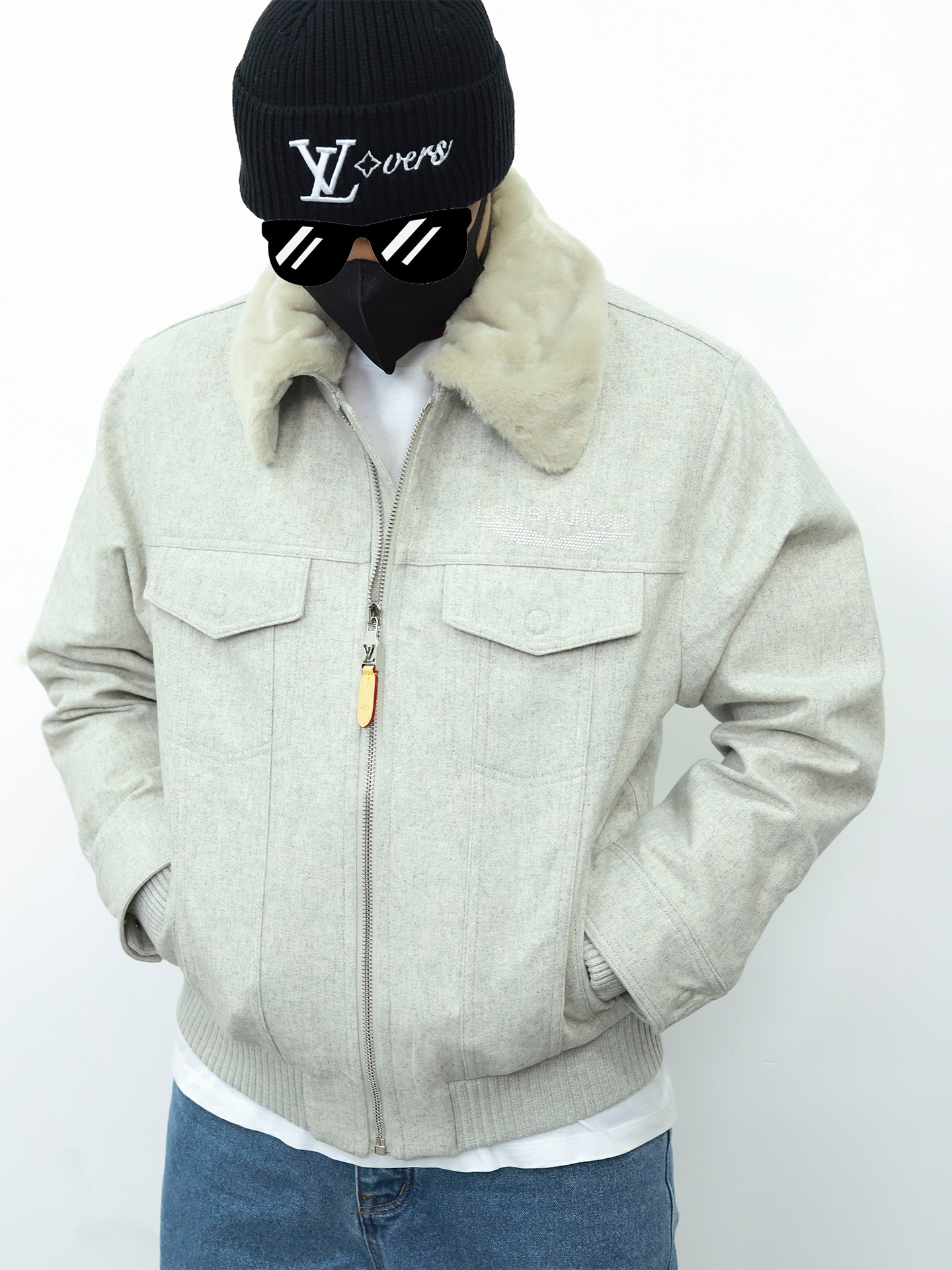 LV绒毛领子拉链外套 米白