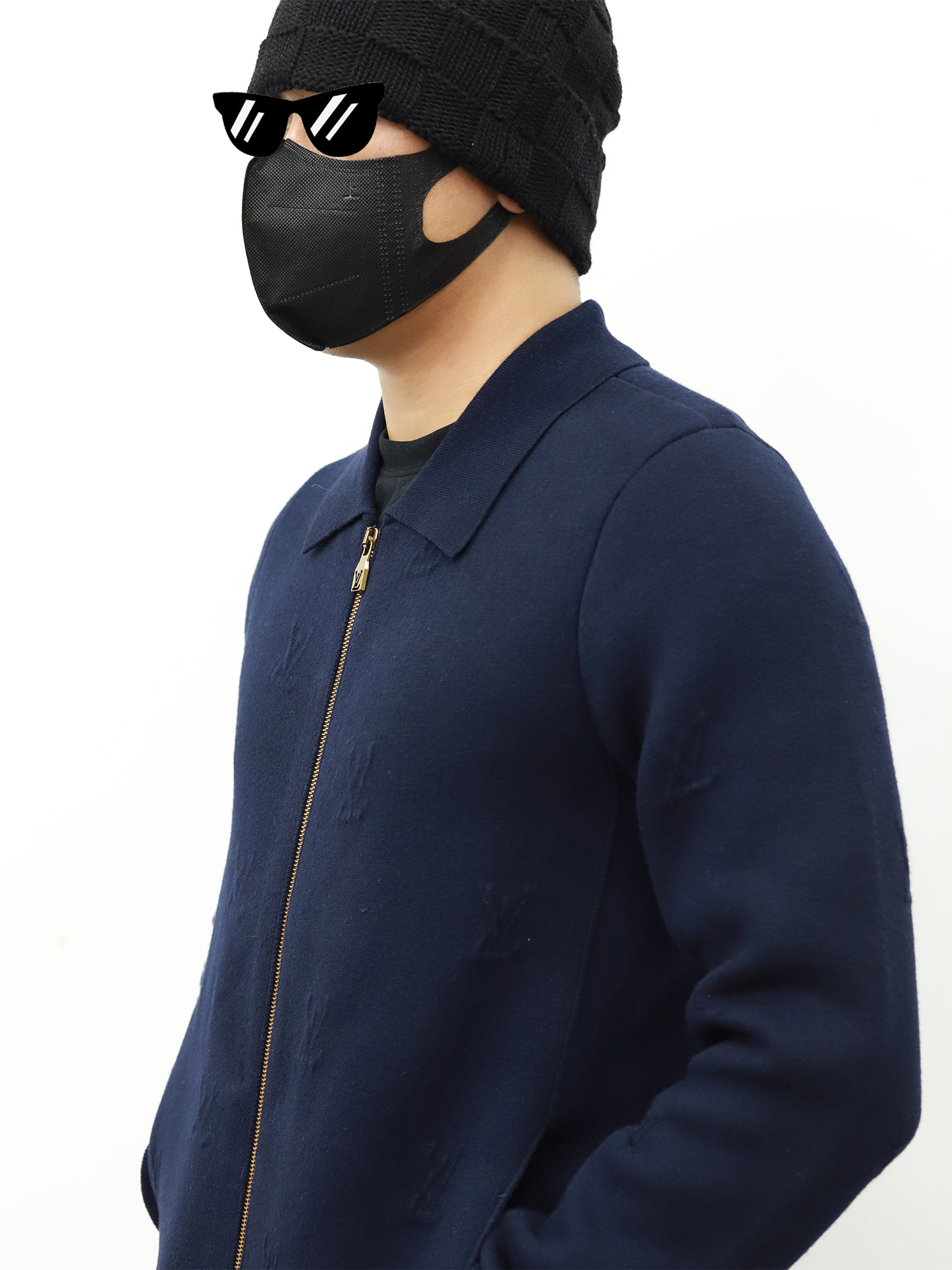 LV 镶嵌领子拉链针织外套 藏青色