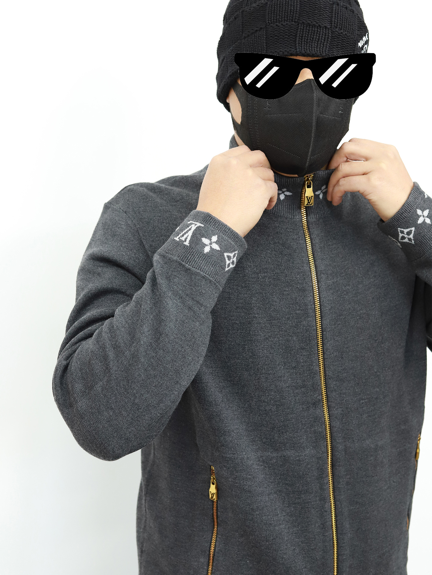 1V Knitted Collar Jacquard Zip Up