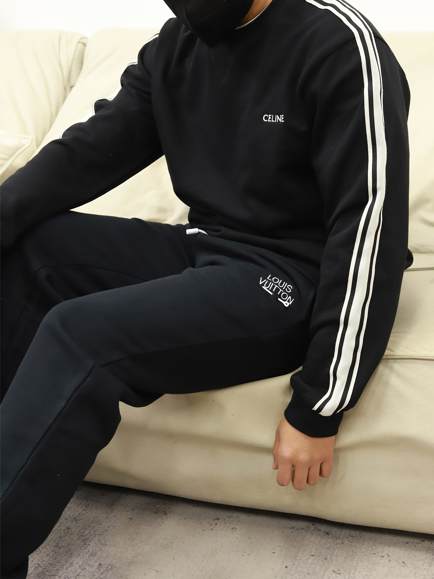 LV pin and velvet sweatpants