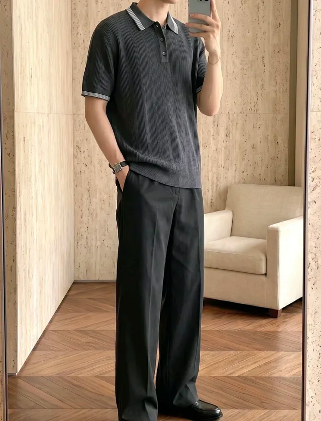 Item ID 9083 BC 32 Double Strand Yarn Solid Color Cotton Texture Ribbed Knitted Short Sleeve Polo Shirt