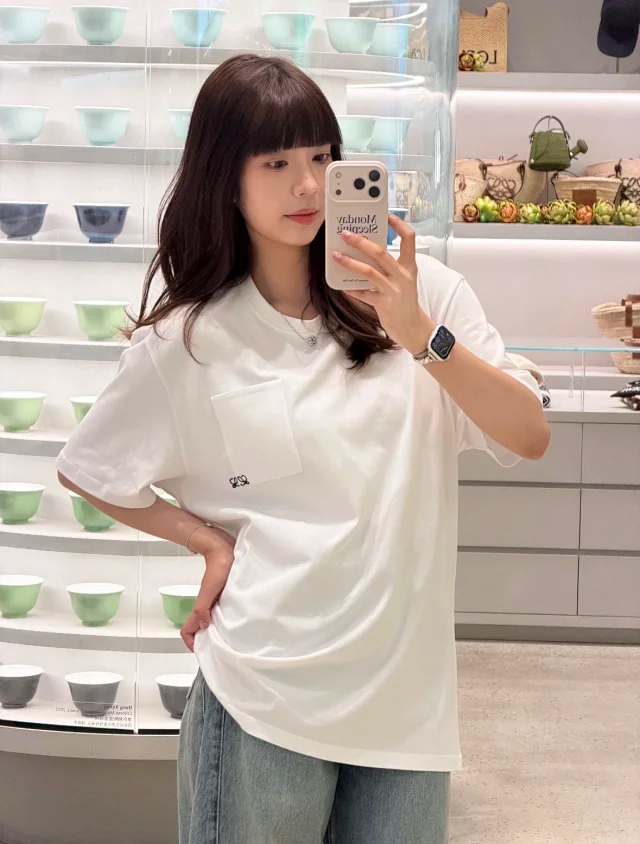 Item ID 9086 LOE Two Color Fixed Dyeing Yarn Precollection Series Cotton Solid Color Short Sleeve T-shirt Loose Edition