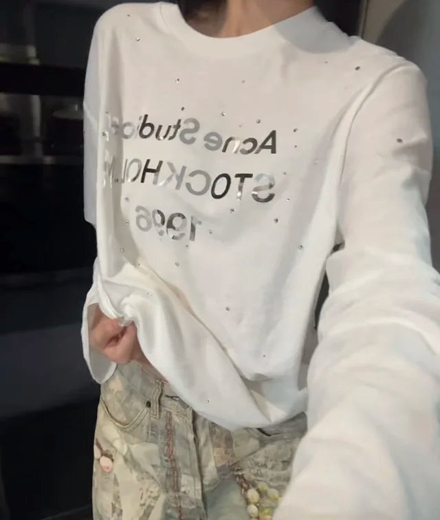 Item ID 9094 Acne FW25 Imported Mirror Patch 1996 Series Classic Starry Sky, Distressed Vintage Casual Long-sleeved T-shirt