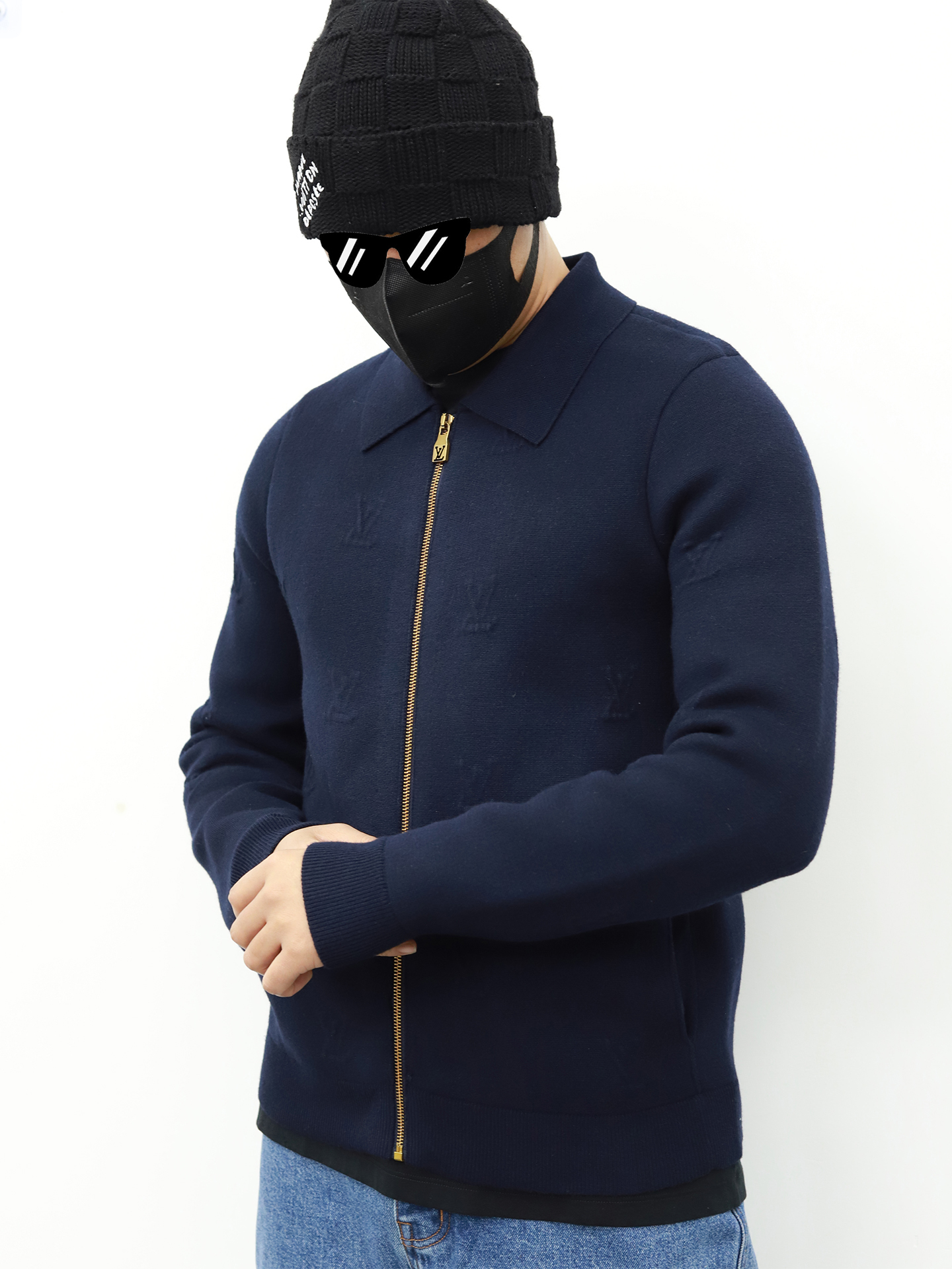 LV 镶嵌领子拉链针织外套 藏青色