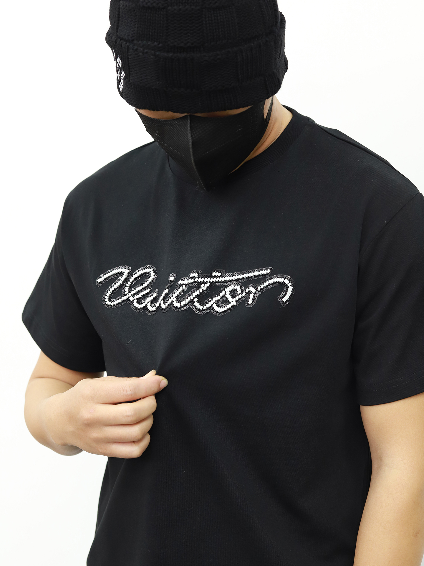 LV 镶钻字母短袖 黑色