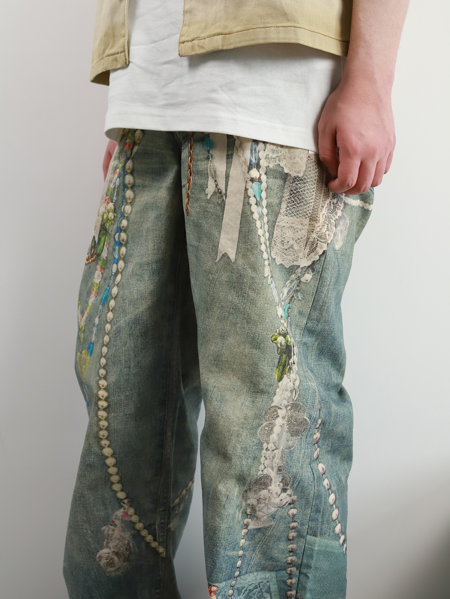 ACNE 3D printed pearl chain jeans