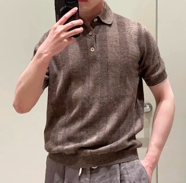 Item ID 9028 BC Two Color Brunello Cucinelli SS26 15% Linen Blended Wide Ribbed Cotton Hemp Knitted Polo Shirt Standard Edition Men's Edition