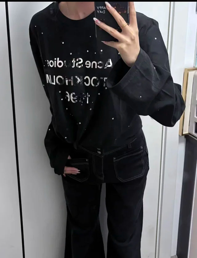 Item ID 9094 Acne FW25 Imported Mirror Patch 1996 Series Classic Starry Sky, Distressed Vintage Casual Long-sleeved T-shirt