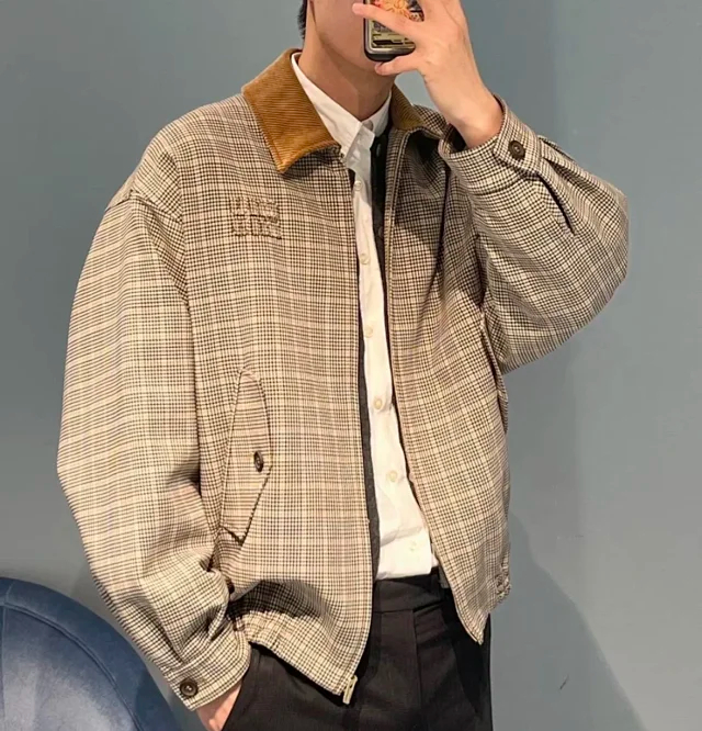 Item ID 9106 M1UM1U SS25 One-Year Development Exclusive Checkered Alignment Color-Block Zipper Long-Sleeve Jacket Coat, Short Version