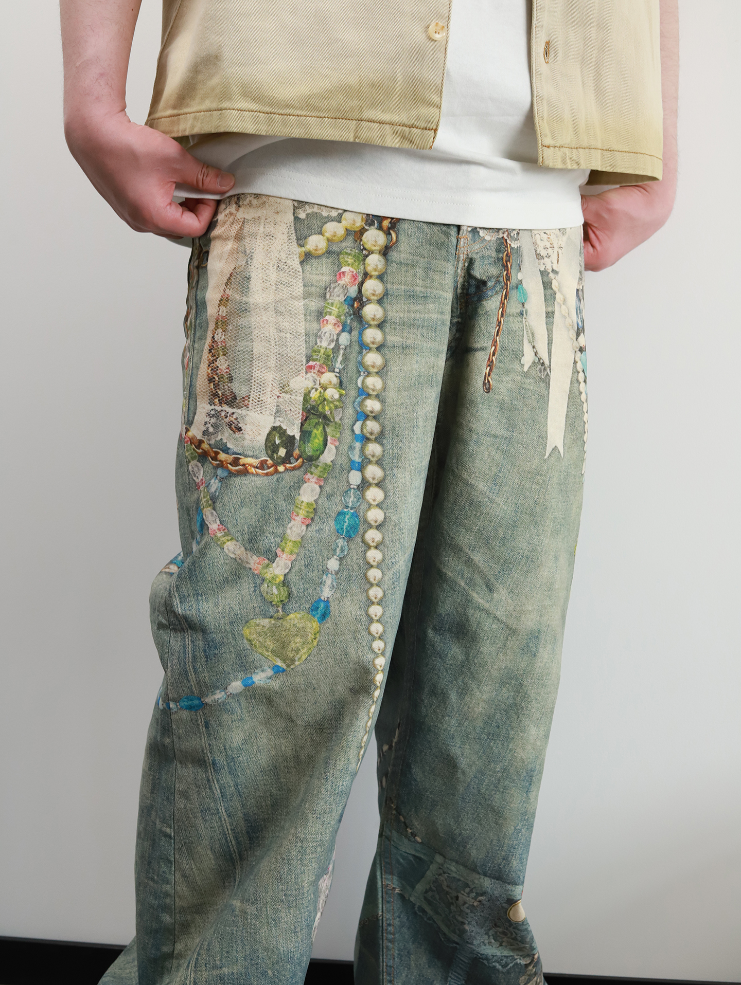 ACNE 3D printed pearl chain jeans