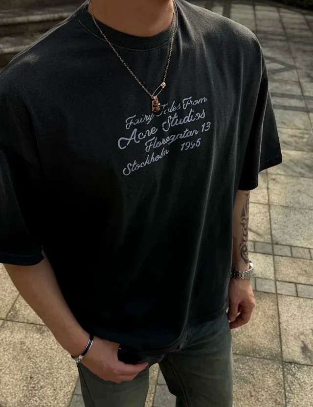 Item ID 9032 Acne 1996 flocking logo printed round neck loose short sleeved T-shirt in blackbeige