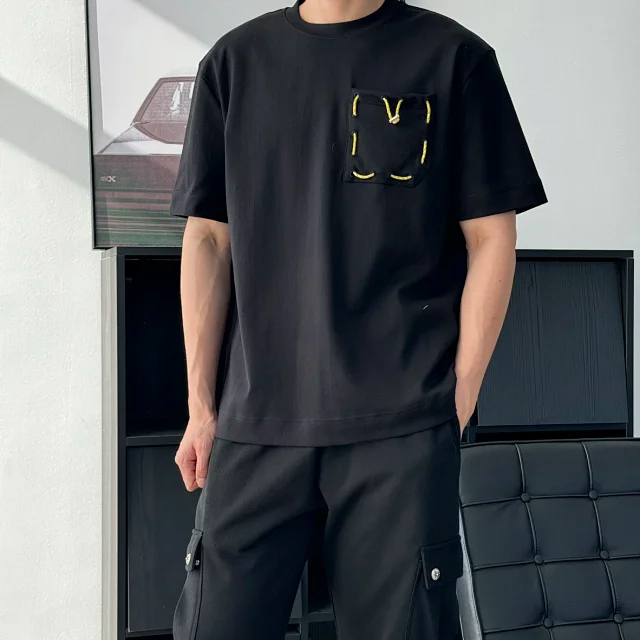 Item ID 9058 FE thick and heavy feeling woven and dyed drawstring round neck pullover, satin ribbon drawstring, patch bag, short sleeved shirt