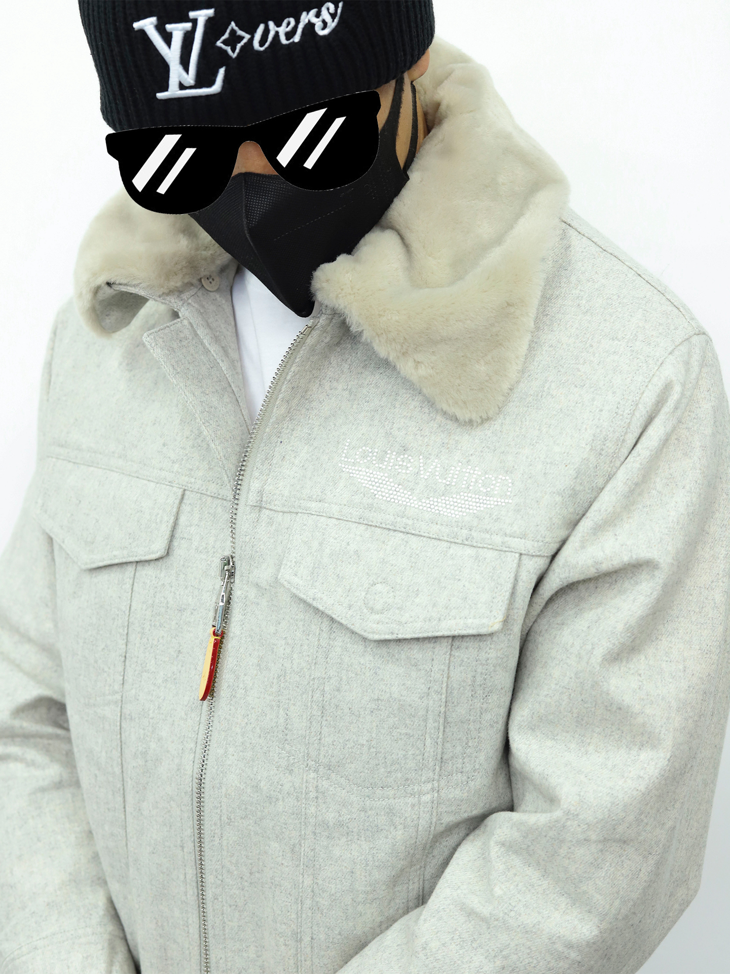 LV绒毛领子拉链外套 米白
