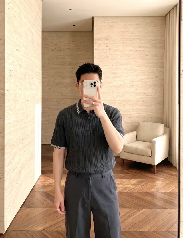 Item ID 9083 BC 32 Double Strand Yarn Solid Color Cotton Texture Ribbed Knitted Short Sleeve Polo Shirt