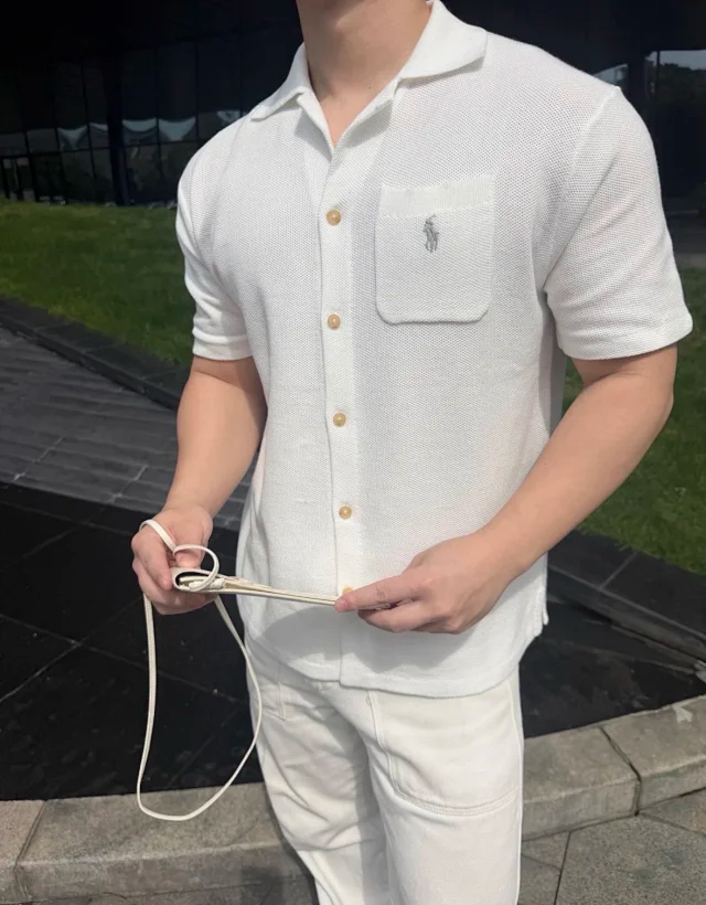 Item ID 9089 LR Poluoge Flat Machine Weaving Method Cotton Solid Color Pony Embroidery Short Sleeve Cardigan Knitted Standard Edition