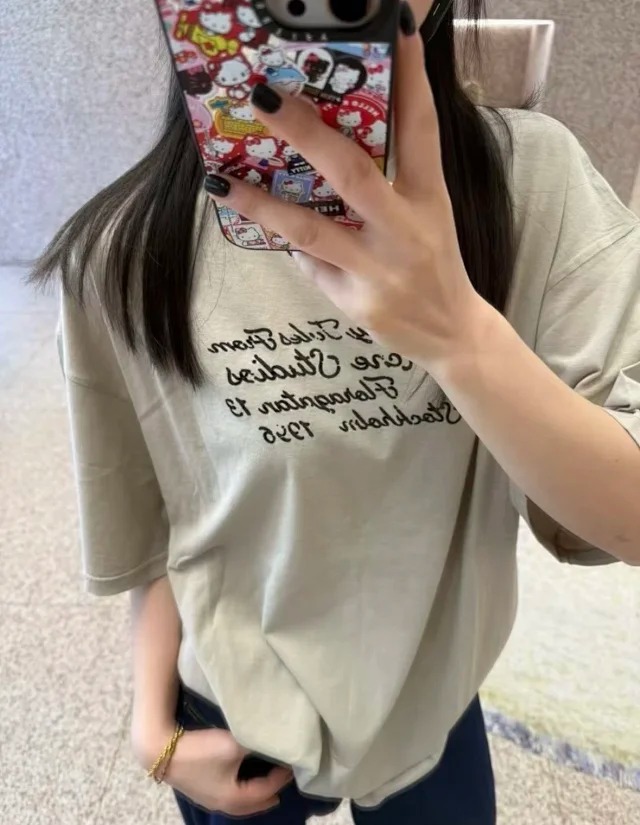 Item ID 9032 Acne 1996 flocking logo printed round neck loose short sleeved T-shirt in blackbeige