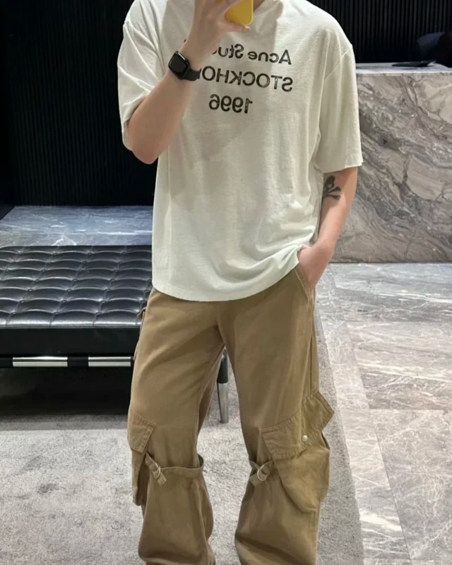 Item ID 9042 Acne 1996 series handmade spray painted distressed exclusive 85% cotton+15% linen short sleeved T-shirt dirty white black