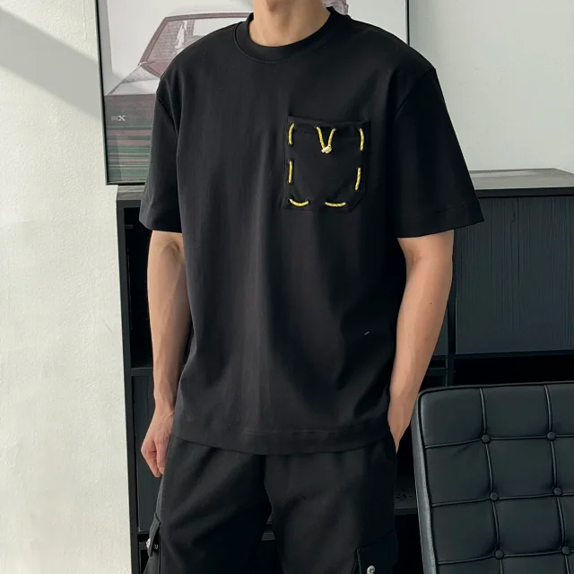 Item ID 9058 FE thick and heavy feeling woven and dyed drawstring round neck pullover, satin ribbon drawstring, patch bag, short sleeved shirt