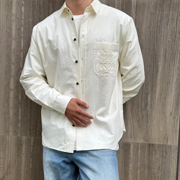 Item ID 9104 LOE SS26 80_Lysell + 20_Polyester Unique wood pulp fiber texture, lapel, button chest pocket, logo embroidery, long-sleeved shirt, loose version, men's style