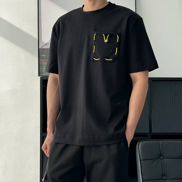 Item ID 9058 FE thick and heavy feeling woven and dyed drawstring round neck pullover, satin ribbon drawstring, patch bag, short sleeved shirt
