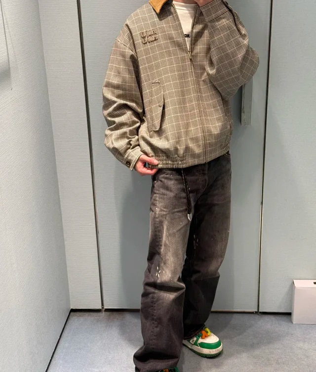Item ID 9106 M1UM1U SS25 One-Year Development Exclusive Checkered Alignment Color-Block Zipper Long-Sleeve Jacket Coat, Short Version