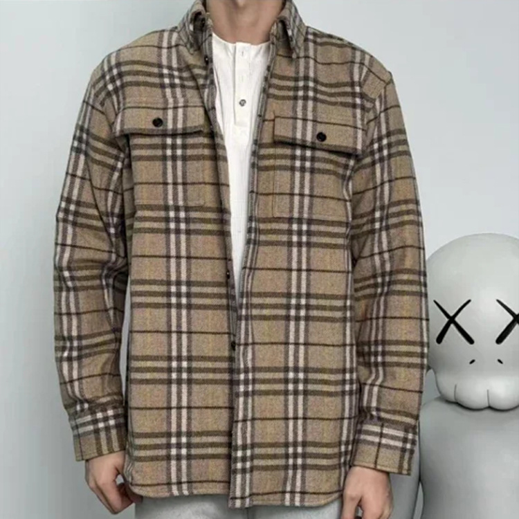 Item ID 9099 BBR Burberry checkered shirt, natural black ox horn, made of sheep wool, loose-fitting pointed-collar long-sleeved shirt jacket