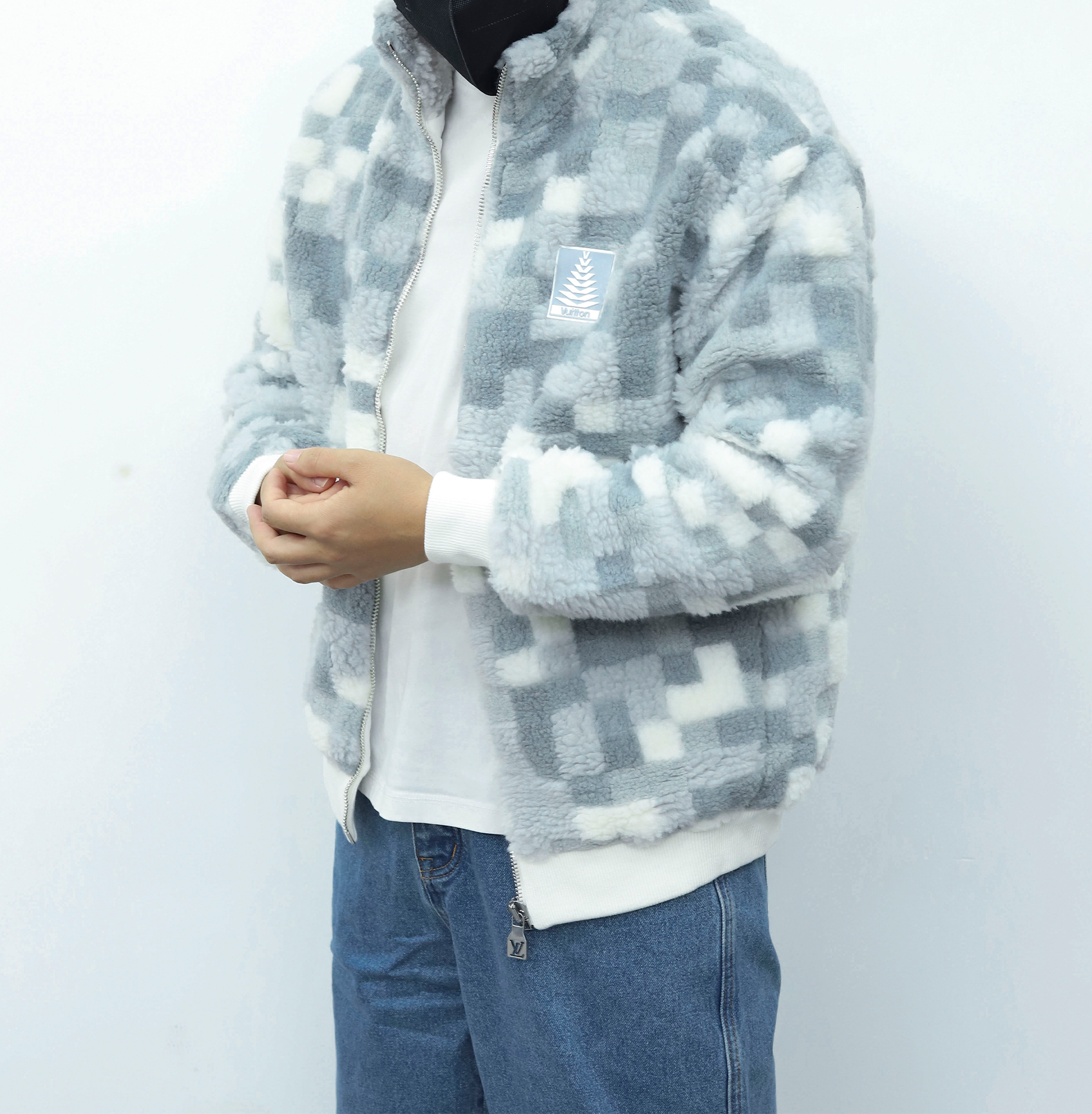 LV格子绒感拉链外套 蓝白色