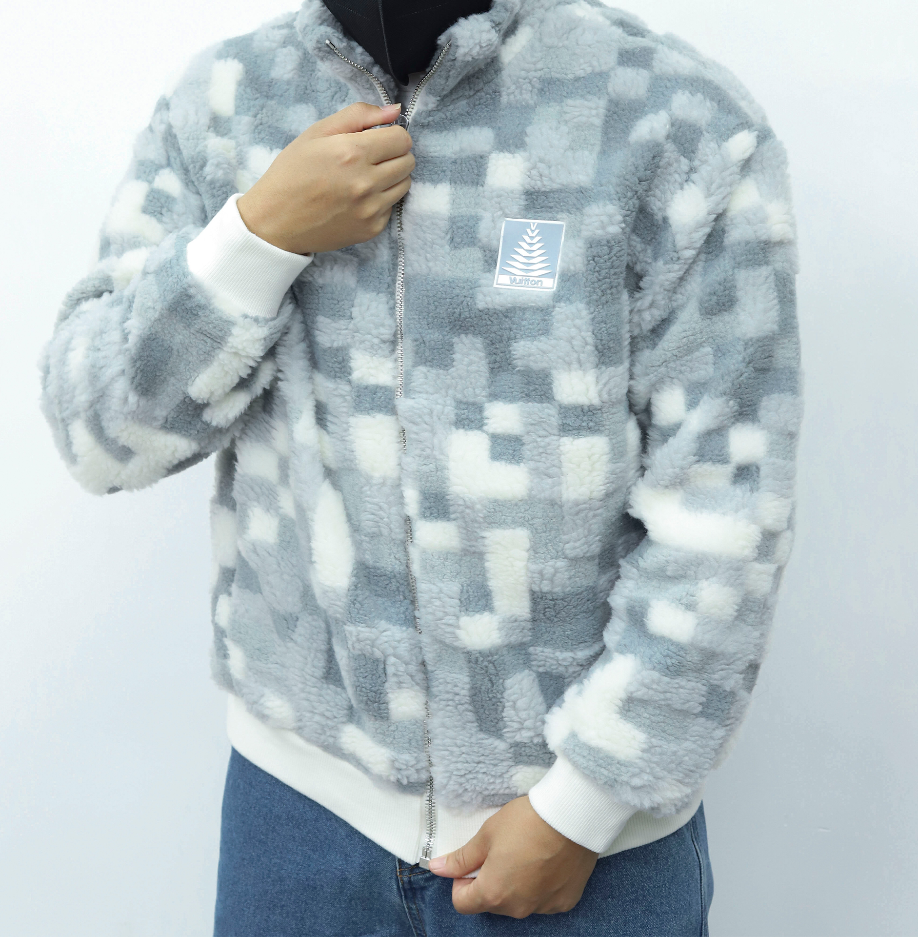 LV格子绒感拉链外套 蓝白色