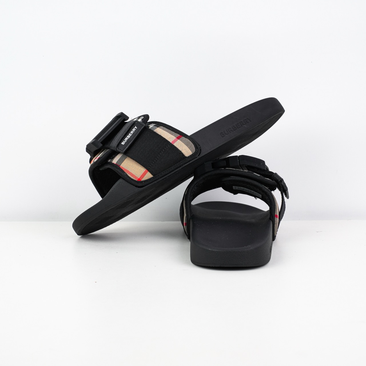 BBR格纹搭扣束带一字拖鞋