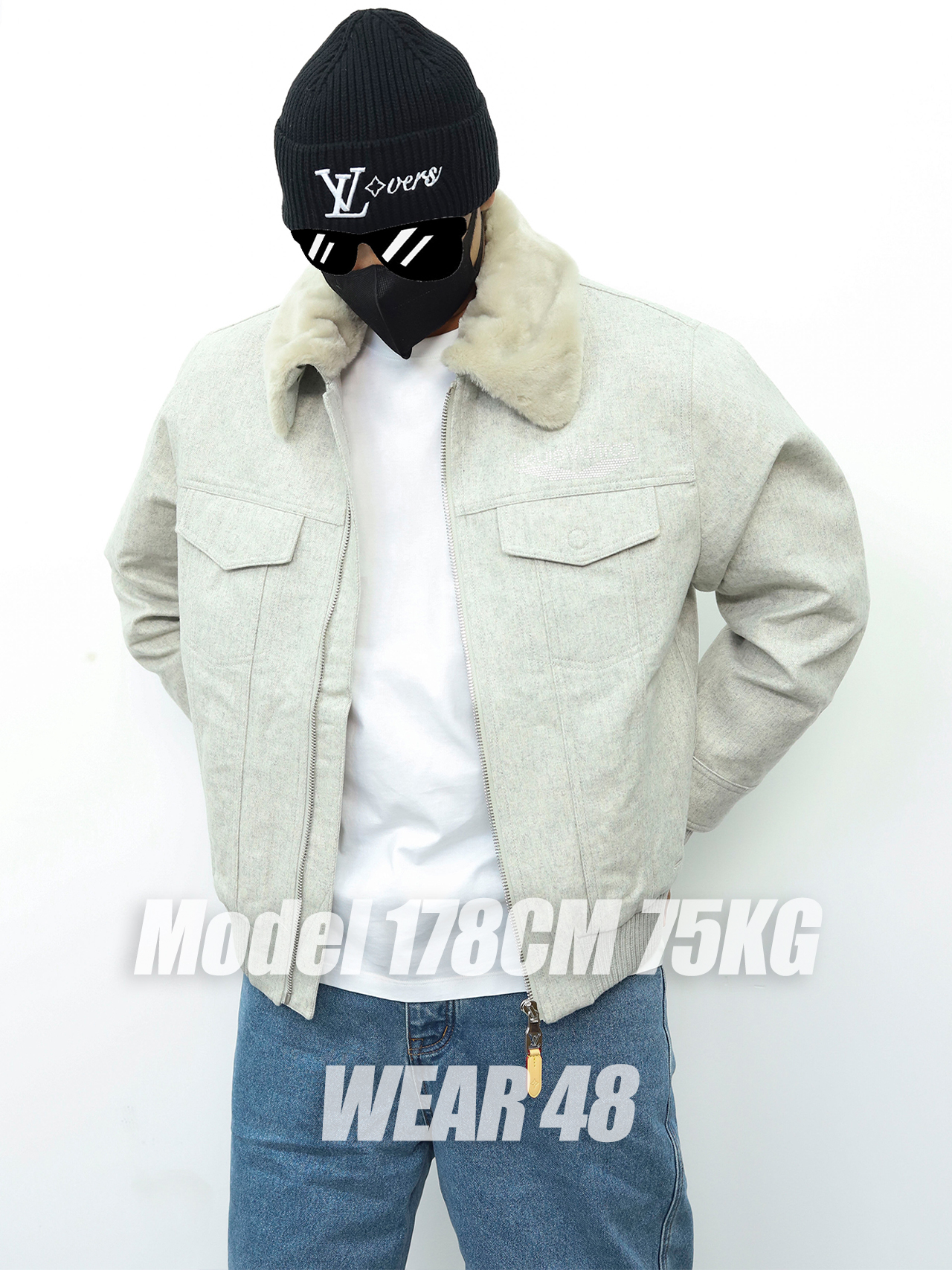 LV绒毛领子拉链外套 米白