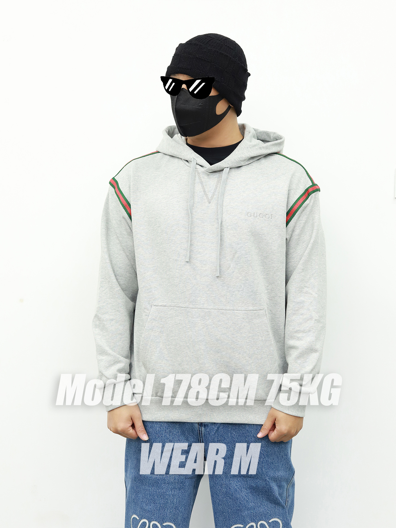 Gucci条纹连帽卫衣 灰色