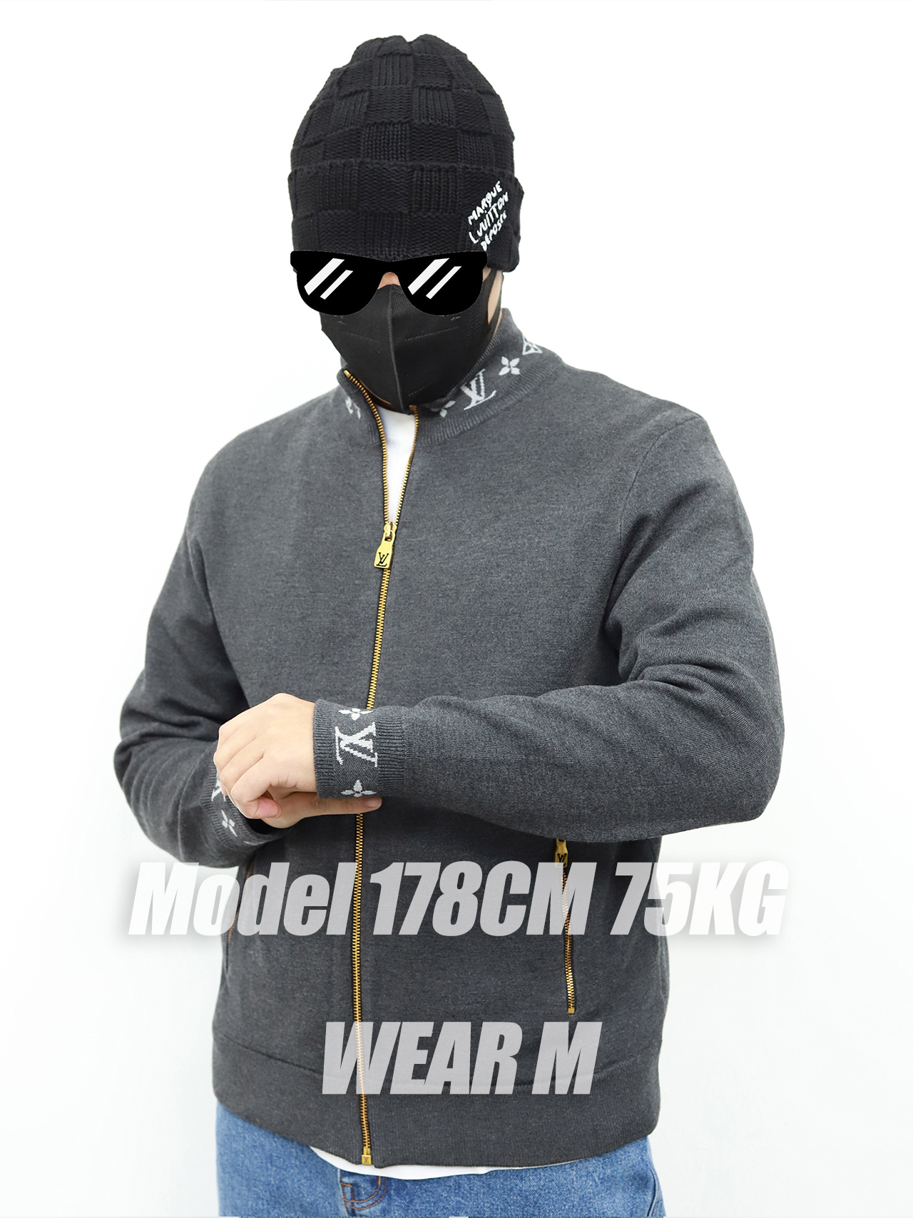 1V Knitted Collar Jacquard Zip Up