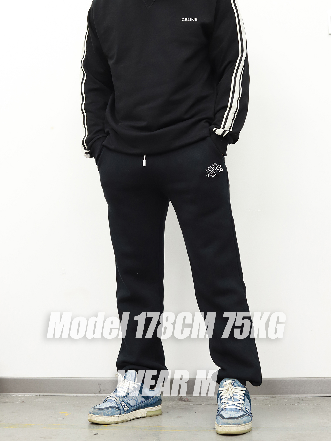 LV pin and velvet sweatpants