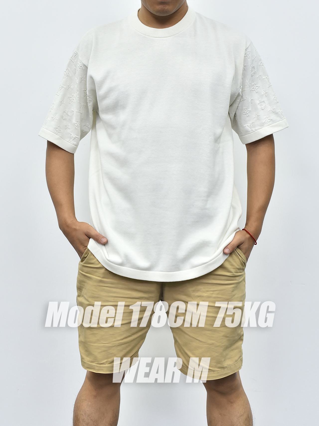 1V针织袖子印花短袖 米色藏青色