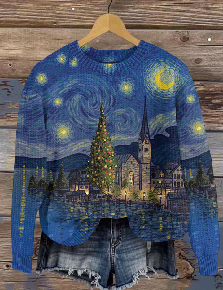 Van Gogh Christmas Eve Knitted Pattern Women's Crew Neck Sweater