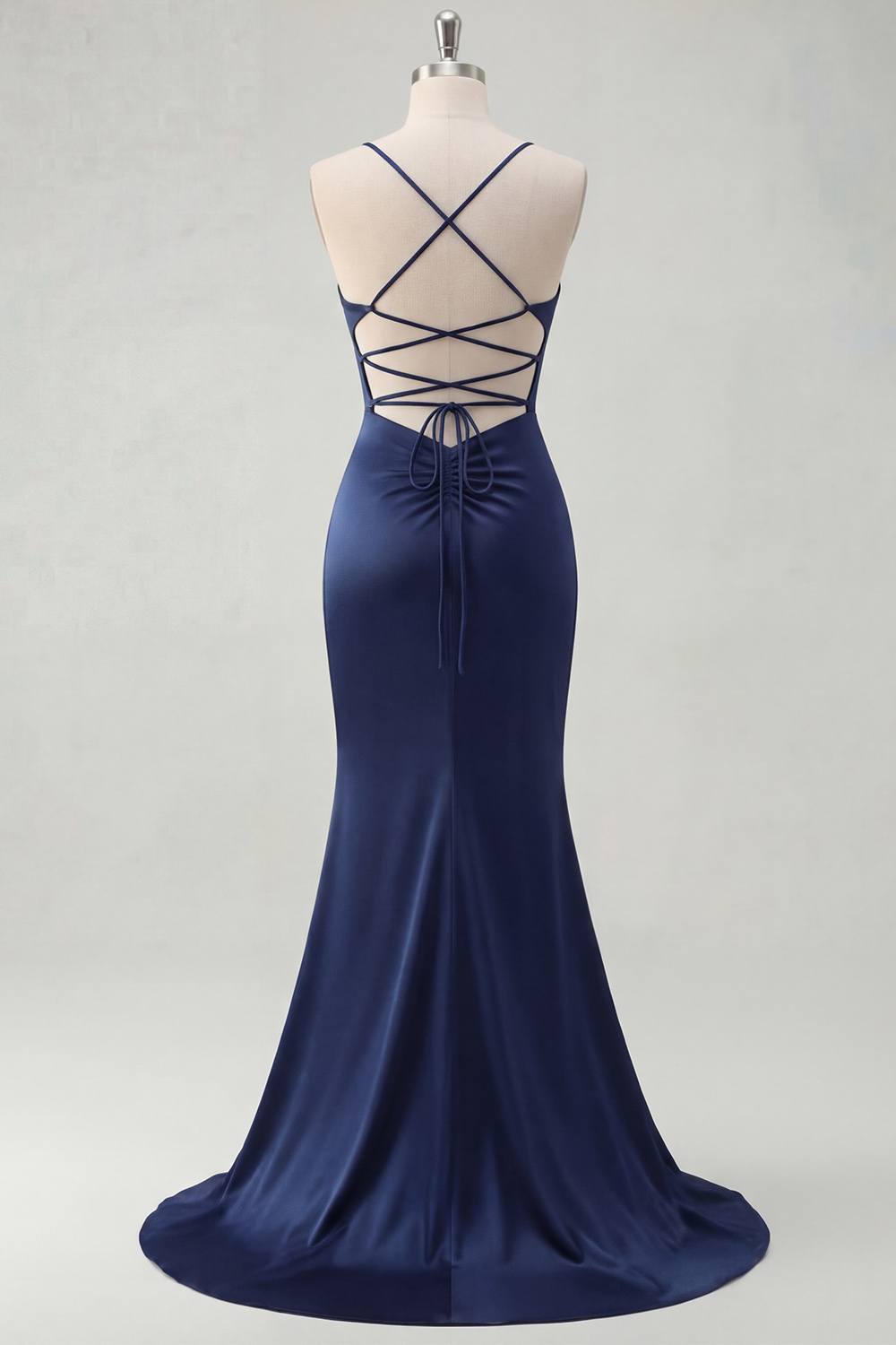 Navy Spaghetti Straps Mermaid Satin Long Prom Dress with Criss Cross Back