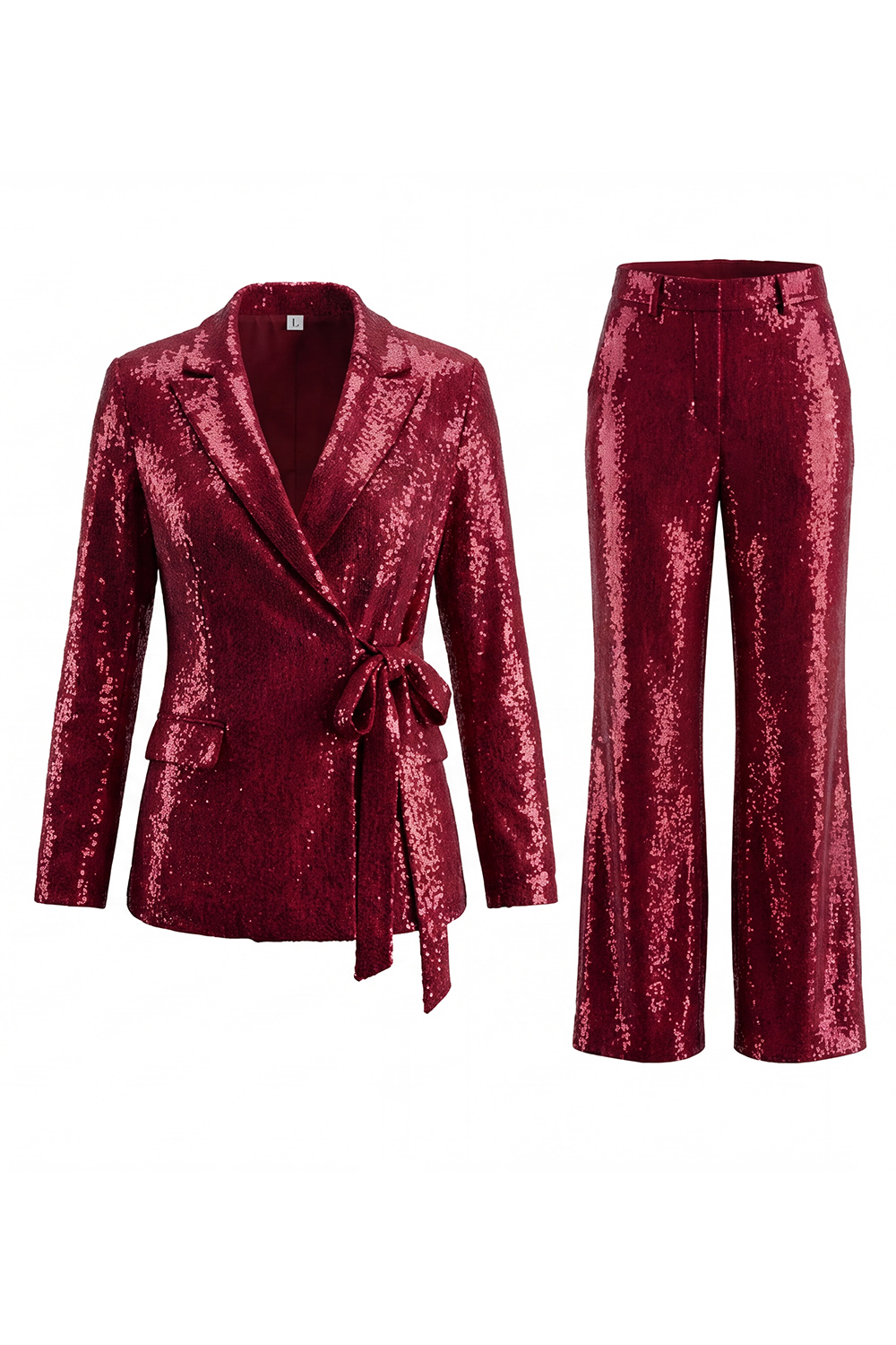 Sparkly Sequin Burgundy Two Piece Prom Suits with Sash