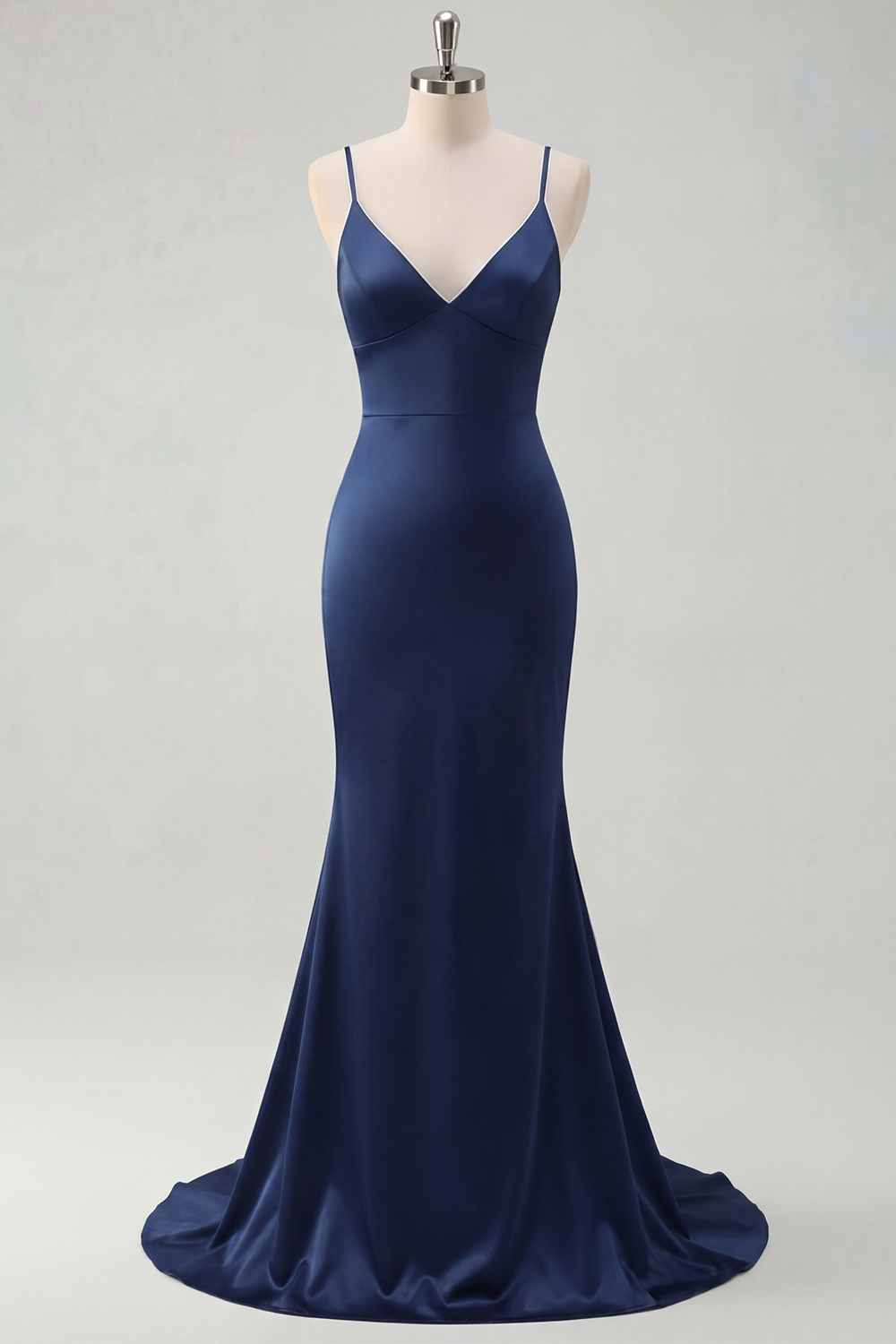 Navy Spaghetti Straps Mermaid Satin Long Prom Dress with Criss Cross Back
